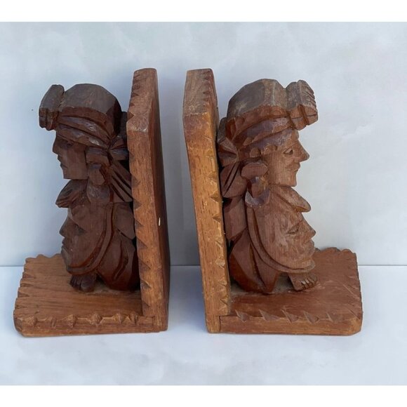 Vintage Bookends Pair Carved Wood Shelf Art Tribal Hand Crafted Brown 4.5x7" - Picture 2 of 11